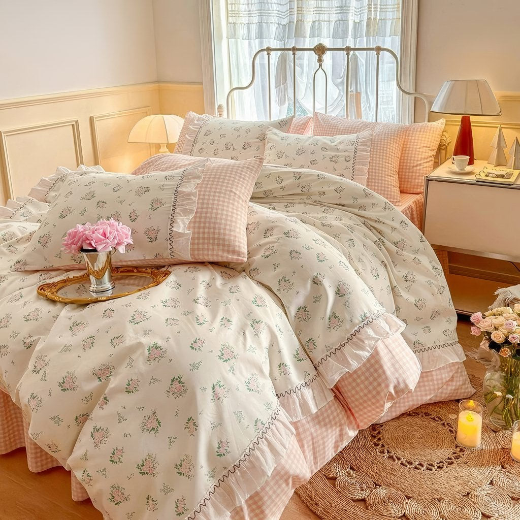 Kawaii Grandma Pink Plaid Bedding Duvet Cover Set