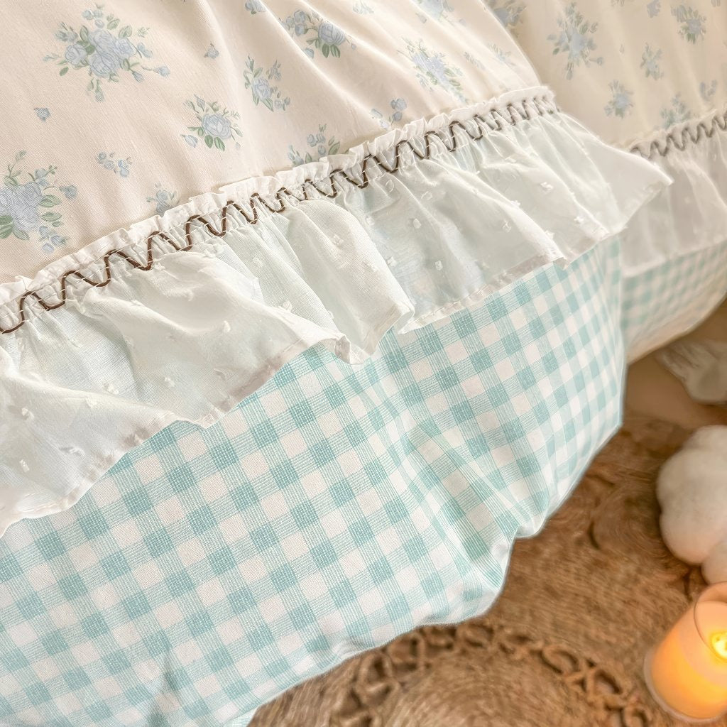 Kawaii Grandma Blue Plaid Bedding Duvet Cover Set