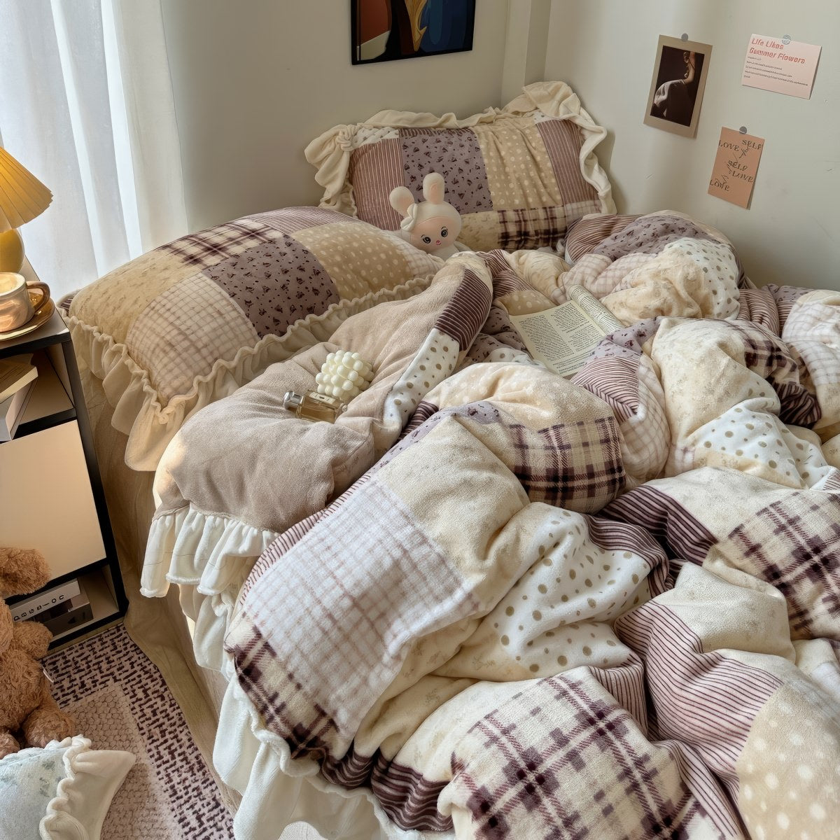Patchwork Ruffle Plush Fleece Winter Bedding Set