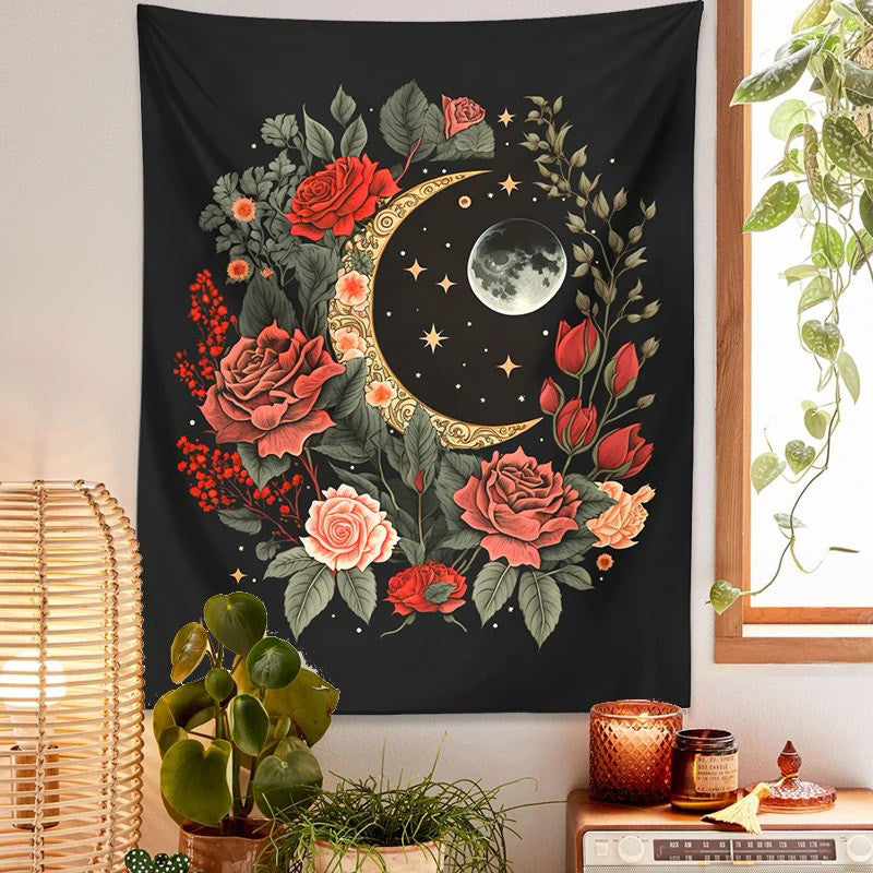 Vintage Gold Moon in Roses Tapestry