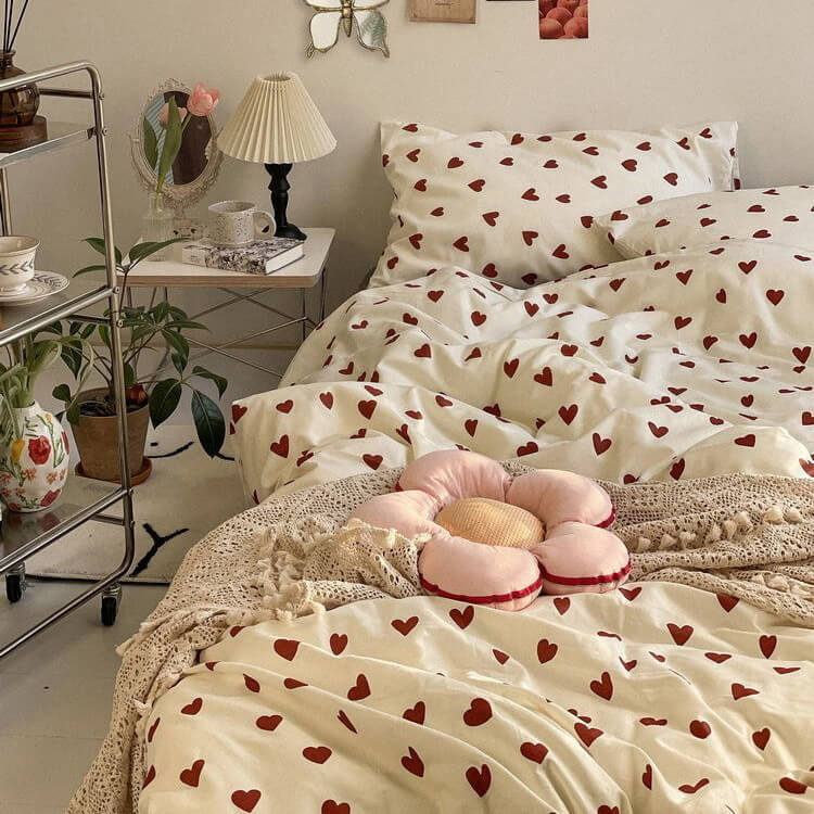 Vintage Red Hearts Bedding Set bed sheet bedsheets coquette cottagecore