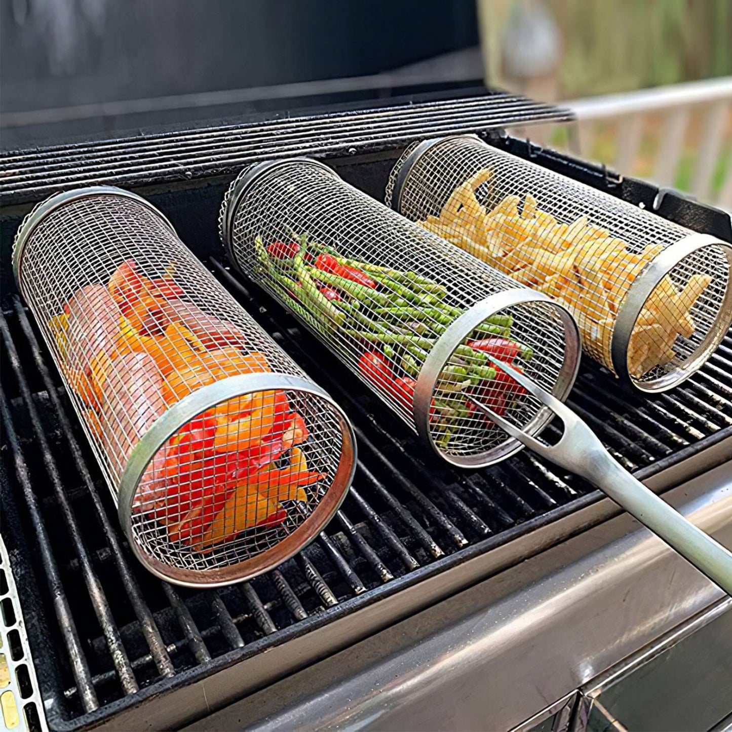 2-Piece: Portable BBQ Rolling Basket Round Stainless Steel Grill __stock:50 Kitchen & Dining refund_fee:1200