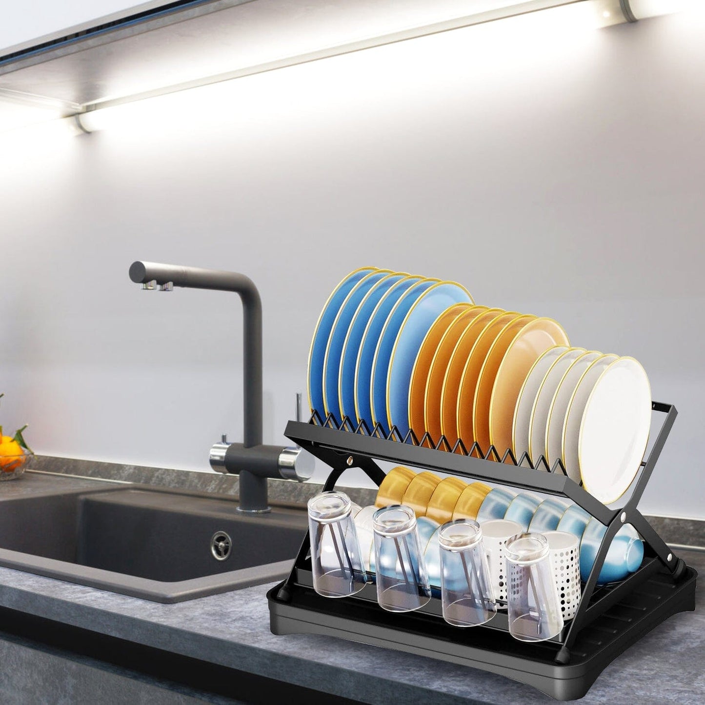 2-Tier Dish Drying Rack with Cup Holder and Drainboard __stock:50 Kitchen & Dining refund_fee:1200