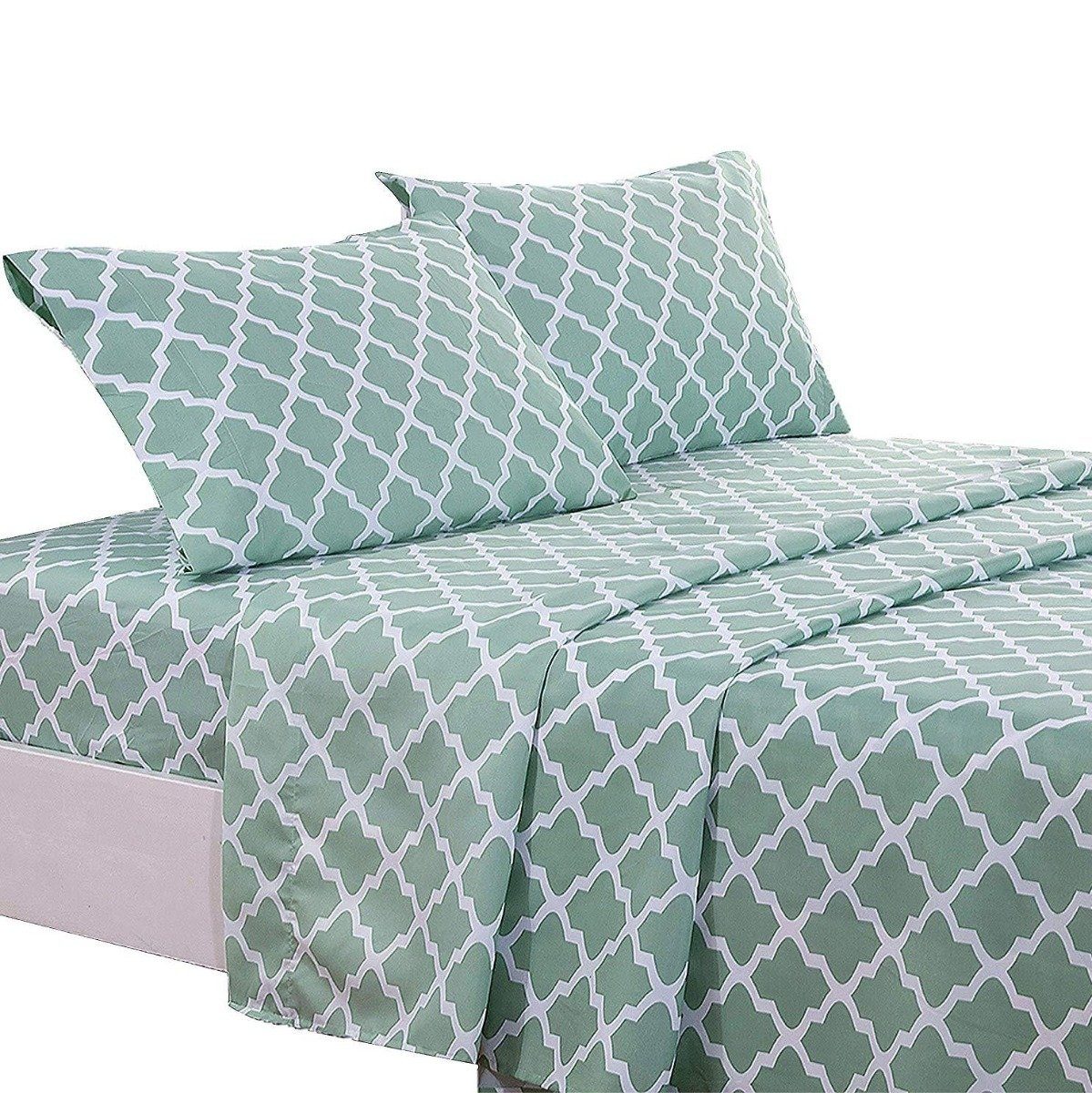 4-Piece: Lux Decor Collection Quatrefoil Sheet Set Sage __label2:BOGO 30% OFF __stock:50 Bedding refund_fee:1200