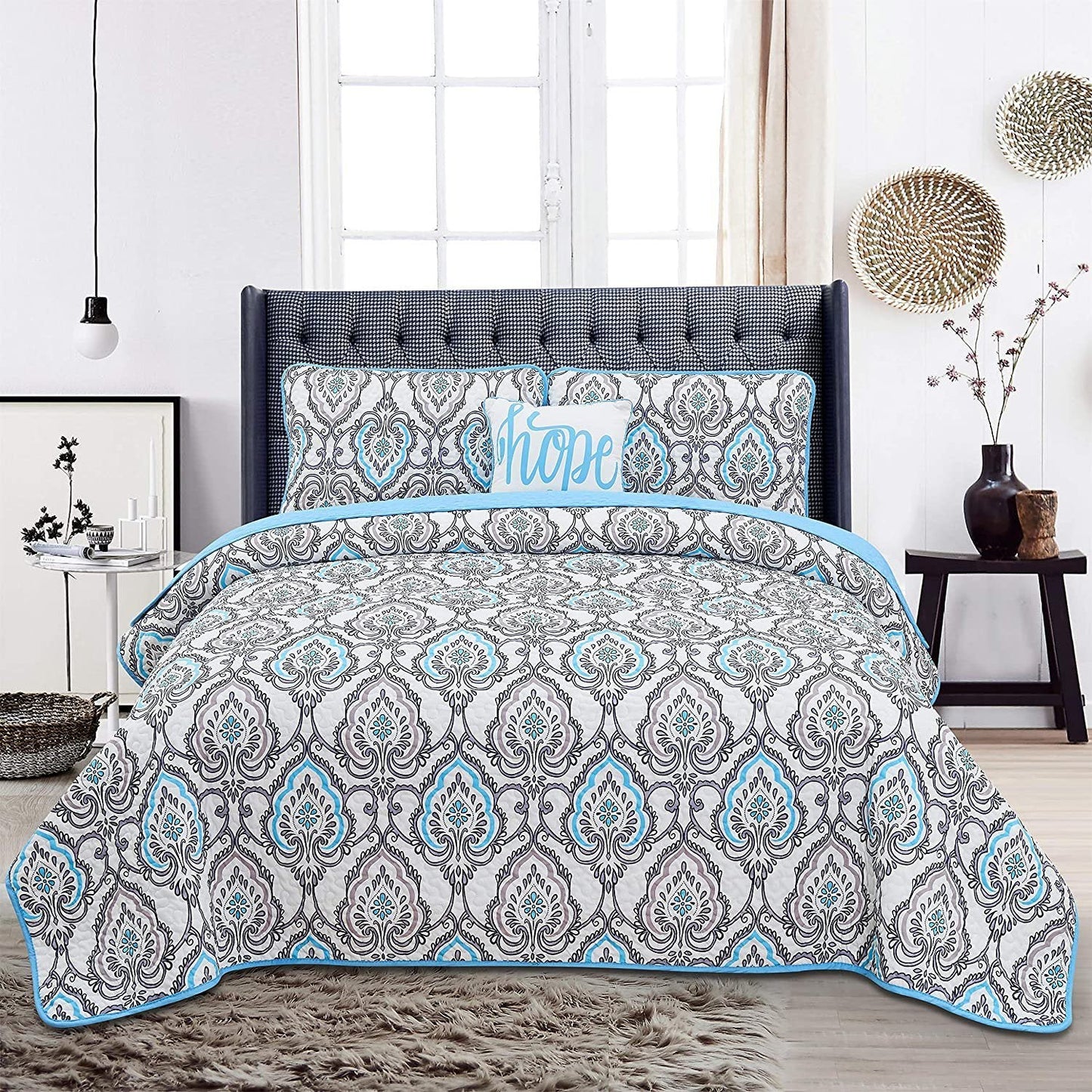 4-Piece: Reversible Quilt Set - Assorted Styles Blue Jade Melodie __label2:BOGO 30% OFF __stock:50 Bedding refund_fee:1200