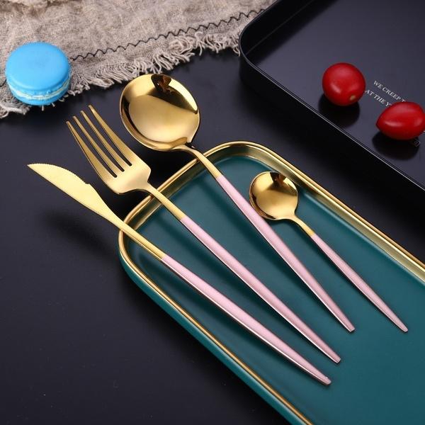 4-Pieces: Mirror Polish Dinnerware Set Stainless Steel Cutlery Set Flat Tableware Pink __stock:100 Kitchen & Dining refund_fee:1200 show-color-swatches