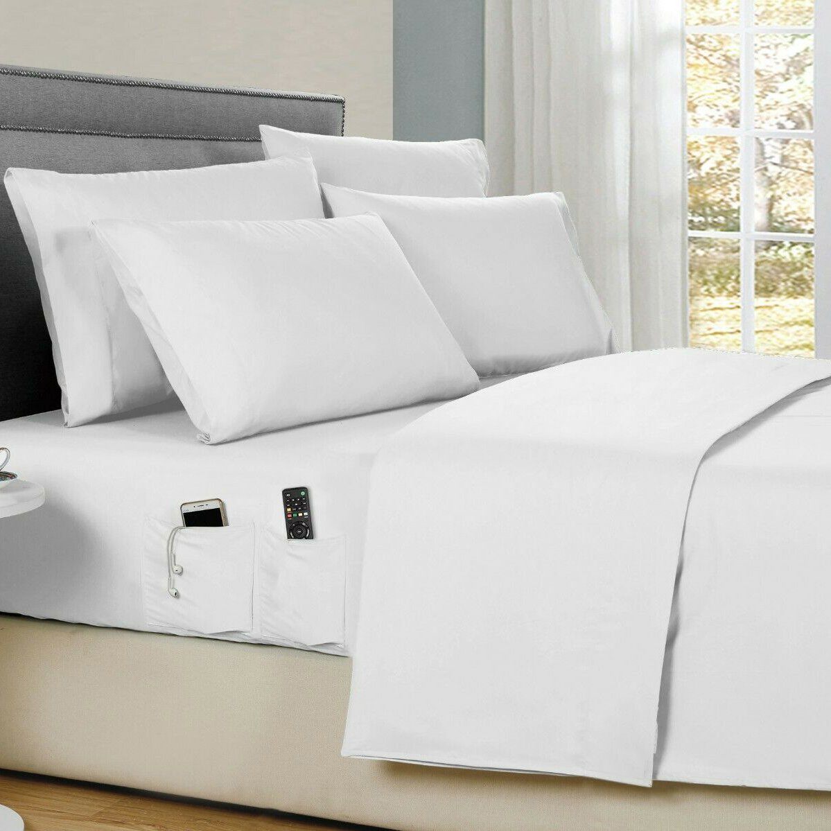 6-Piece: Bamboo Smart Sheet Set With Storage Pocket White __label2:BOGO 30% OFF Bedding refund_fee:1200