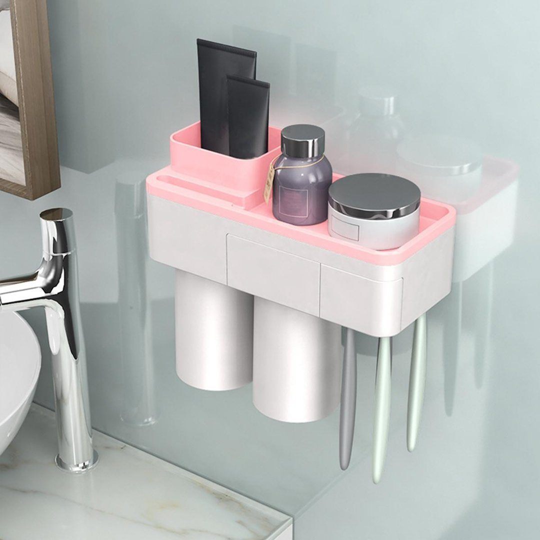 Practical Toothbrush Holder Set With Toothpaste Dispenser pink bathroom