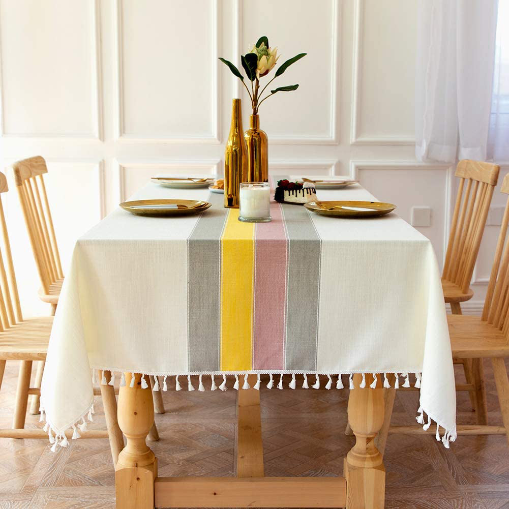 Patchwork Fringed Linen Tablecloth Yellow __stock:200 Kitchen & Dining refund_fee:1200 show-color-swatches