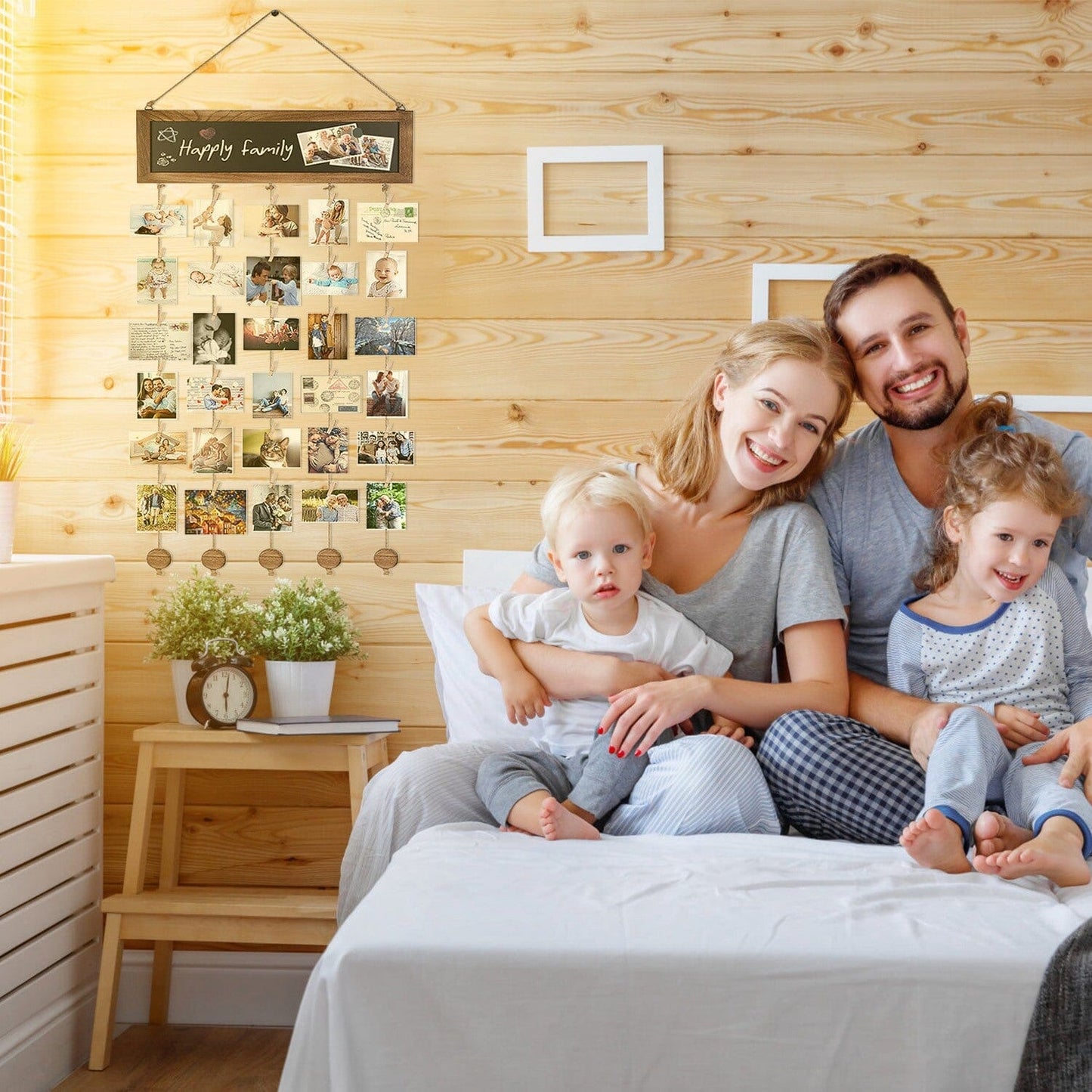 Wooden Hanging Picture Frame Display String Ropes with 30 Clips Writable Blackboard __stock:50 Furniture and Décor Low stock refund_fee:1200