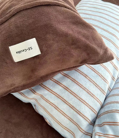 Plush Pinstripe Flannel Fleece Bedding Set