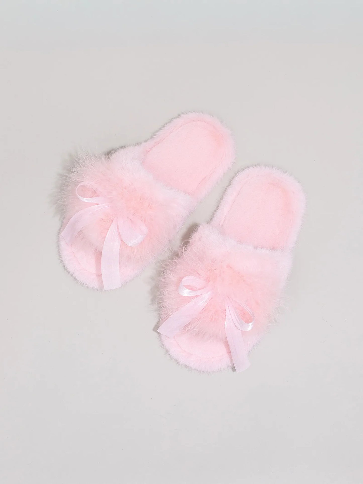 Plush Satin Bow Faux Fur House Slippers