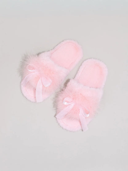 Plush Satin Bow Faux Fur House Slippers