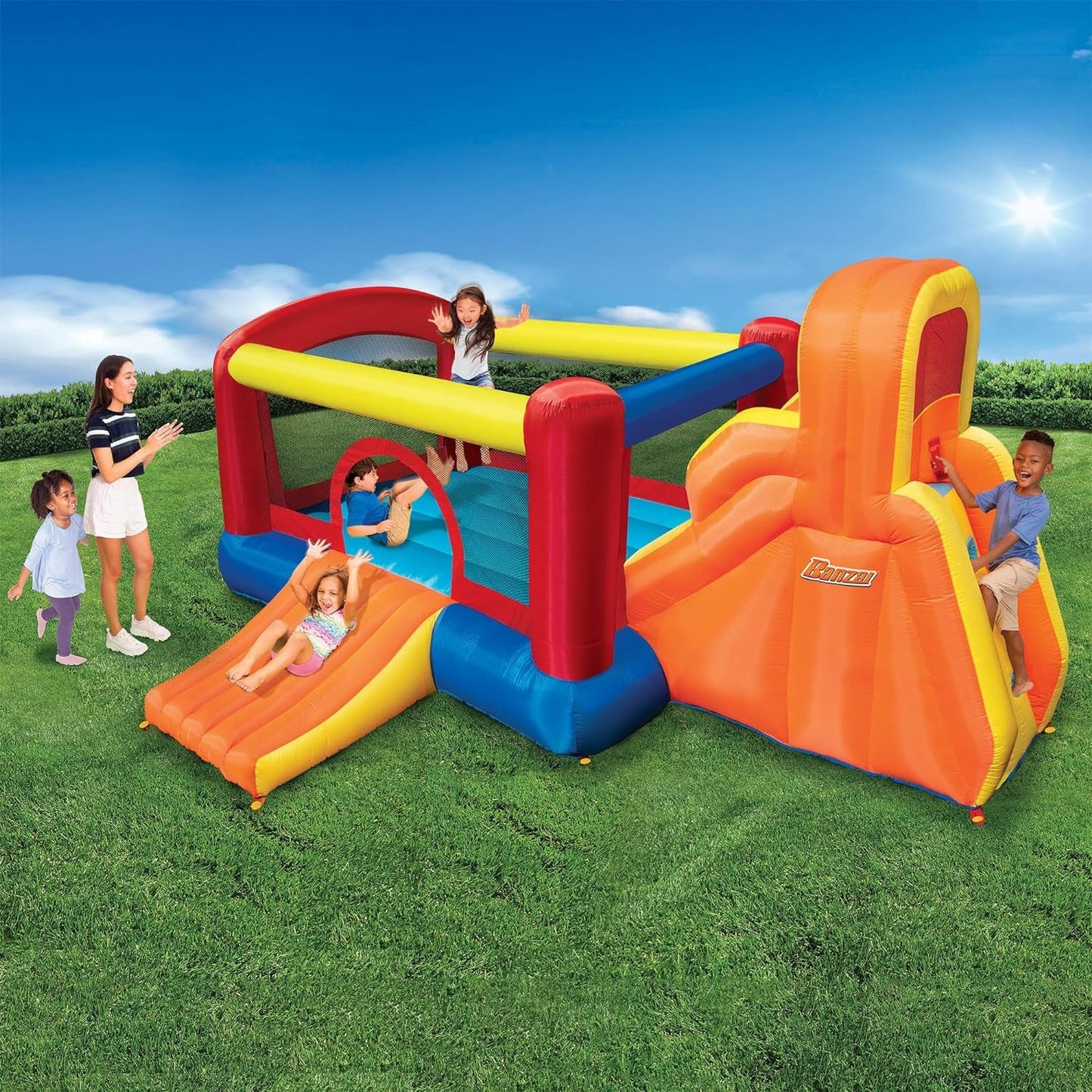 Banzai Double Slide Backyard Bouncer Outdoor Inflatable Slide & Bounce House W/Climbing Wall, Blower Motor, Ground Stakes, & Storage Bag Inflatable Bouncers Sports & Outdoor Play Toys & Games