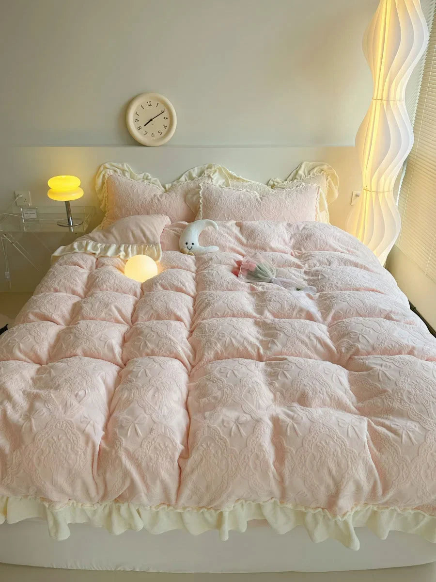 Plush Ruffled Embossed Bow Flannel Fleece Bedding Set