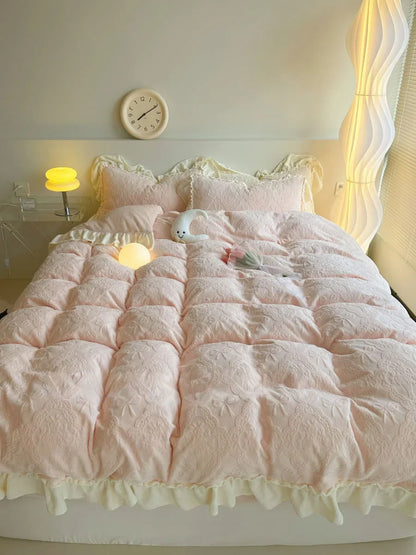 Plush Ruffled Embossed Bow Flannel Fleece Bedding Set