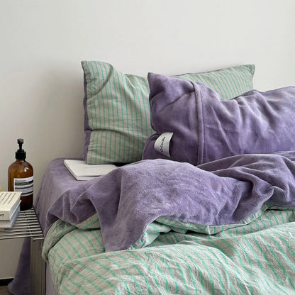 Plush Reversible Striped Flannel Fleece Bedding Set