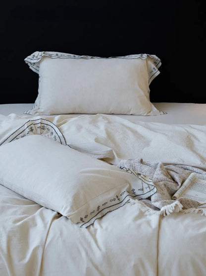 Textured Embroidered Ruffle Linen Bedding Set
