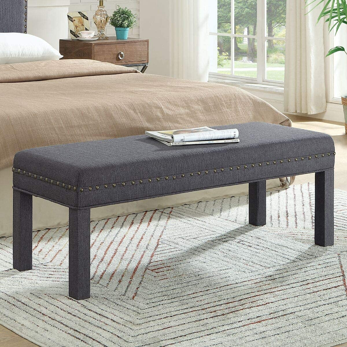 24KF Upholstered Linen Bed Bench with Nail Head Trim,Padded Tufted Bench -Dark Gray Entryway Furniture Furniture Home & Kitchen Storage Benches