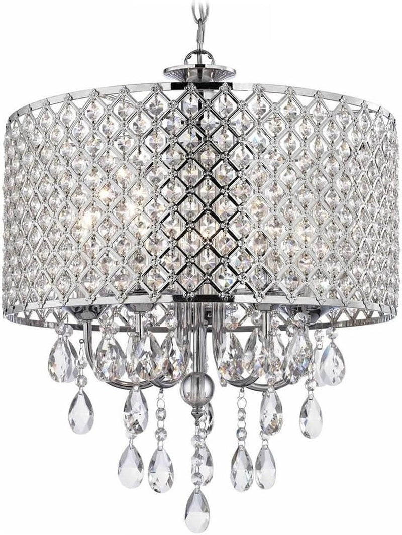 Chrome Finish 4-Light round Chandelier, Drum Crystal Chandelier,Glam Bedroom Ceiling Chandelier Light Fixture, Flush Mounted Crystal Pendant Light Ceiling Lights Chandeliers Lighting & Ceiling Fans Tools & Home Improvement