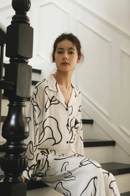 Silky Abstract Cat Sketch Cotton Sateen Pajama Set