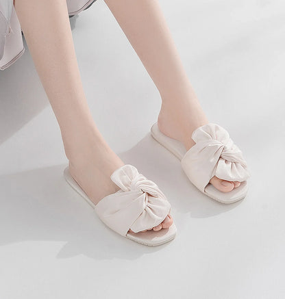 Silky Ruched Bow Cotton Sateen House Slippers