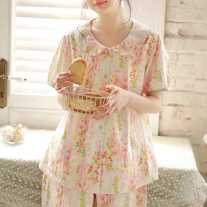 Soft Ruched Floral Washed Cotton Pajama Set