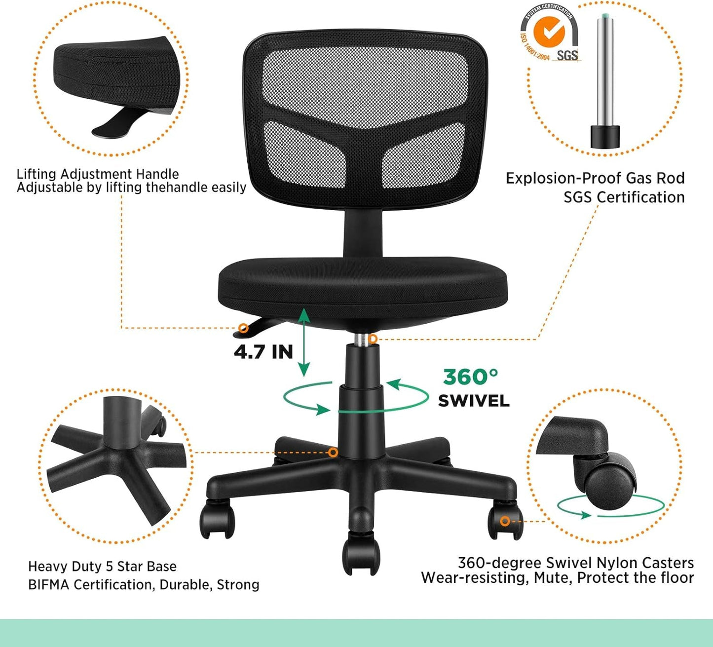 Armless Task Office Chair, Small Desk Chair with Mesh Lumbar Support,Ergonomic Computer Chair No Arms,Adjustable Swivel Home Office Chair for Small Spaces,Easy Assembly,Mid Back,No Armrest Furniture Home & Kitchen Home Office Chairs Home Office Desk Chairs Home Office Furniture