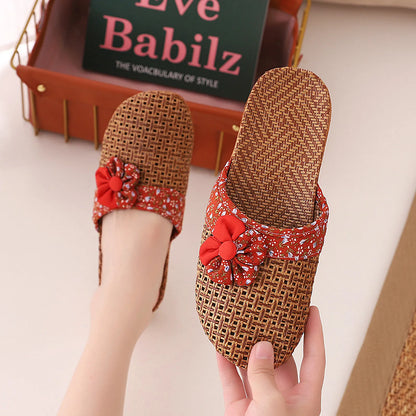 Woven Floral Natural Rattan House Slippers