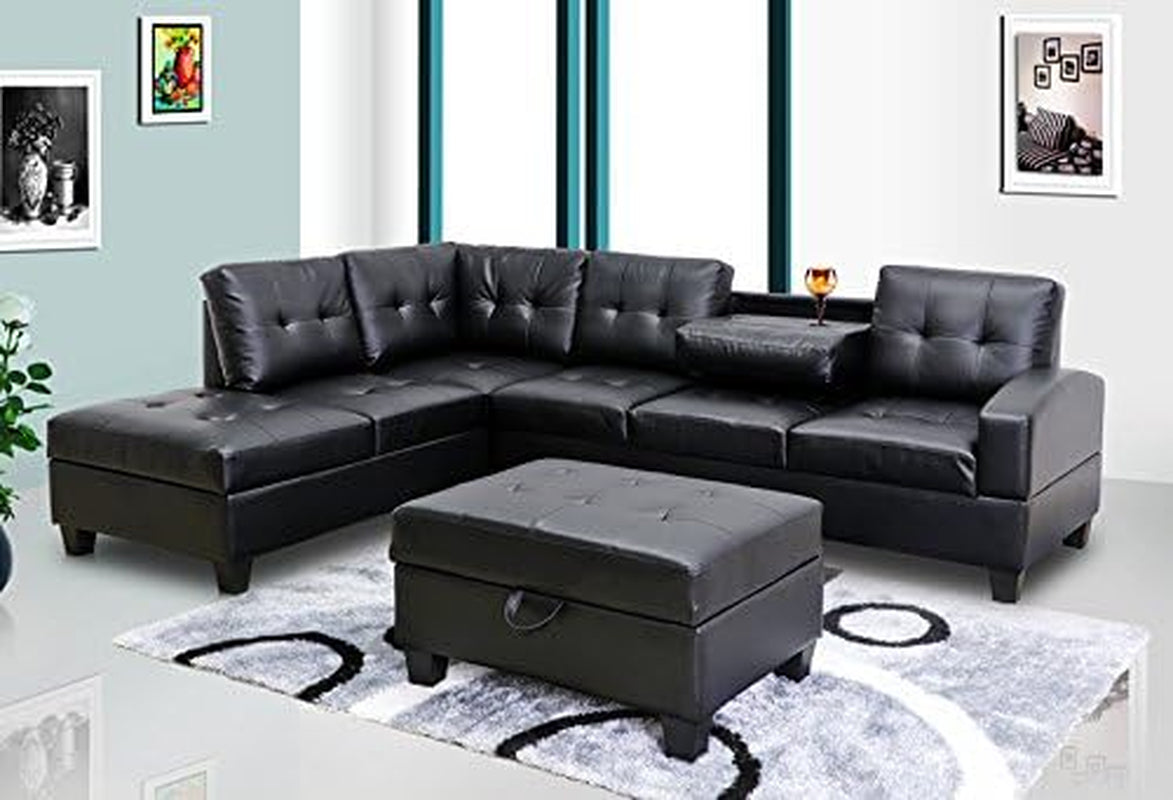 GTU Furniture Pu Leather Living Room Sectional Sofa Set in Black/White (With Ottoman, Black) Furniture Home & Kitchen Living Room Furniture Living Room Sets