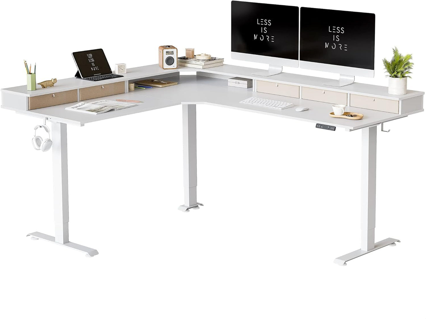 FEZIBO Triple Motor 63" L Shaped Standing Desk with 3 Drawers, Electric Standing Gaming Desk Adjustable Height, Corner Stand up Desk with Splice Board, White Frame/White Top Furniture Home & Kitchen Home Office Desks Home Office Furniture