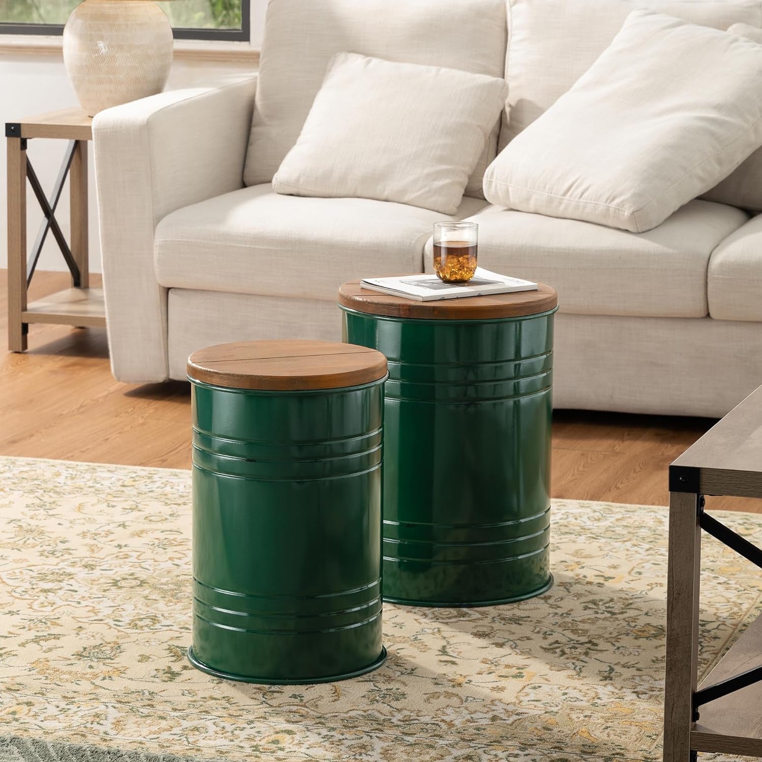 Glitzhome Rustic End Table Set of 2, Farmhouse Galvanized Metal Barrel Ottoman Storage Stool with round Wood Lid for Living Room Furniture, White Furniture Home & Kitchen Living Room Furniture Ottomans