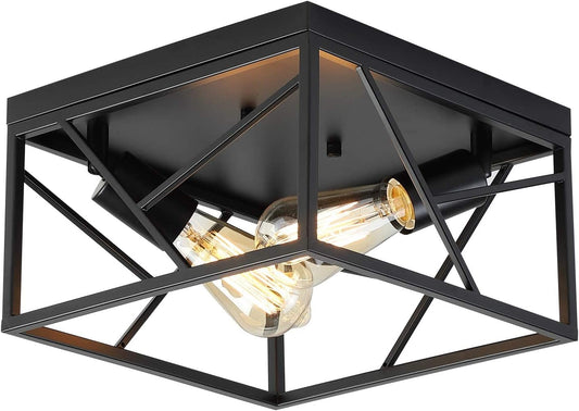 Modern Black Flush Mount Light Fixture Two-Light Industrial Metal Square Semi Flush Mount Ceiling Light for Hallway Bedroom Kitchen Entryway Farmhouse Dining Room Ceiling Lights Close To Ceiling Lights Lighting & Ceiling Fans Tools & Home Improvement