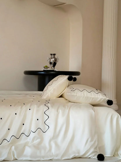 Silky Pom Pom Wavy Embroidered Tencel Bedding Set