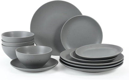 Famiware DAWN Serise Dinnerware Sets, 12-Piece Stoneware Plates and Bowls Sets, Matte Dishes Set Service for 4- Microwave and Dishwasher Safe, Charcoal Dining & Entertaining Dinnerware Dinnerware & Serveware Dinnerware Sets Home & Kitchen Kitchen & Dining