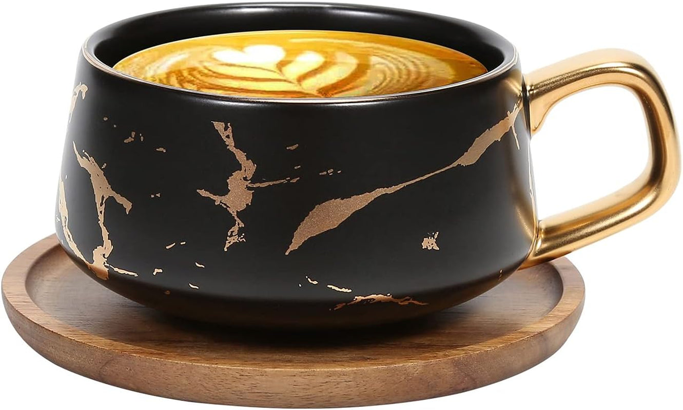 ENJOHOS 10 Oz Ceramic Tea Cup Coffee Cup Set with Wooden Saucer European Golden Hand Cup Saucer Set(Black) & Saucers Cup & Saucer Sets Cups Dining & Entertaining Glassware & Drinkware Home & Kitchen Kitchen & Dining Mugs