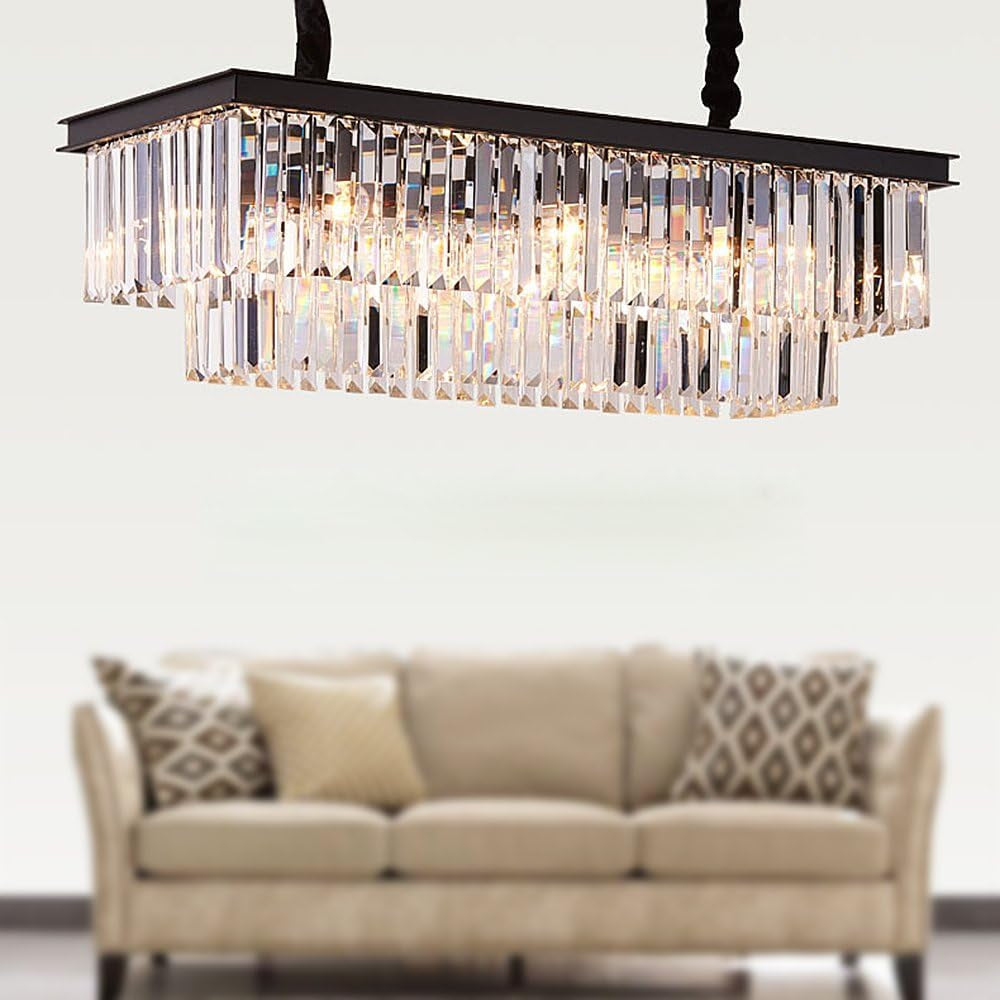 Modern K9 Crystal Chandelier Pendant Light Fixture, Rectangular Ceiling Lamp with 8-Lights for Dining Room & Kitchen, Finished in Chrome, L33.5 Inch Ceiling Lights Chandeliers Lighting & Ceiling Fans Tools & Home Improvement