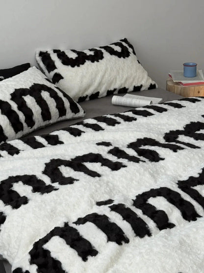 Plush Text Print Flannel Fleece Bedding Set