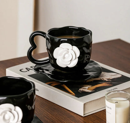 Textured Camellia Floral Ceramic Mug & Saucer Set