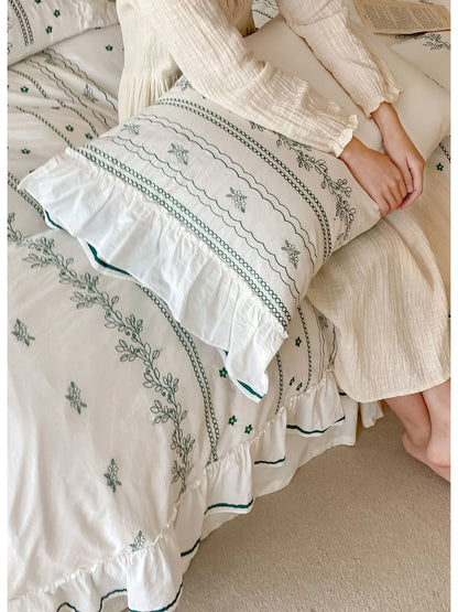 Ruffled Floral Vine Embroidered Cotton Bedding Set