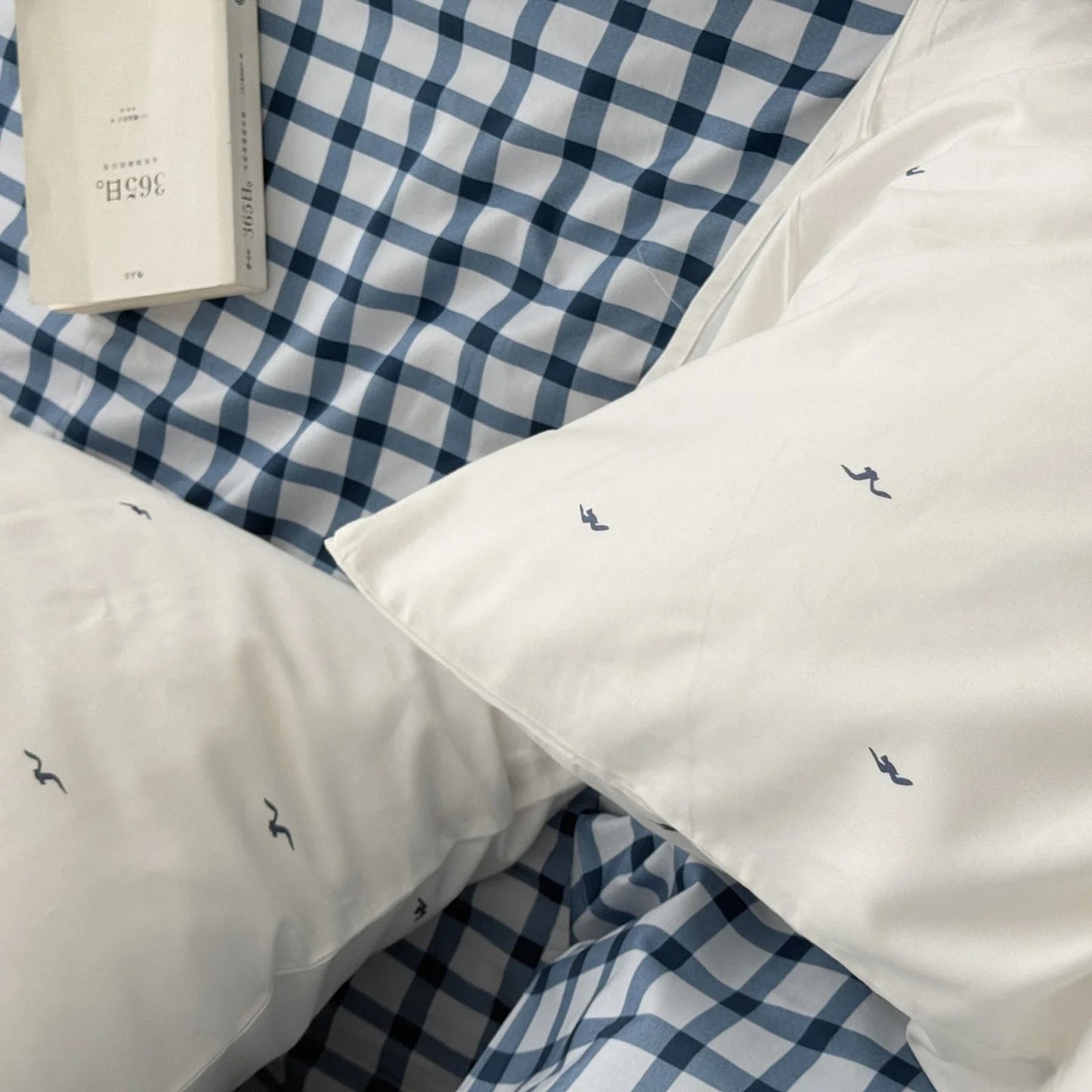 Gingham & Seagull Embroidered Washed Cotton Bedding Set