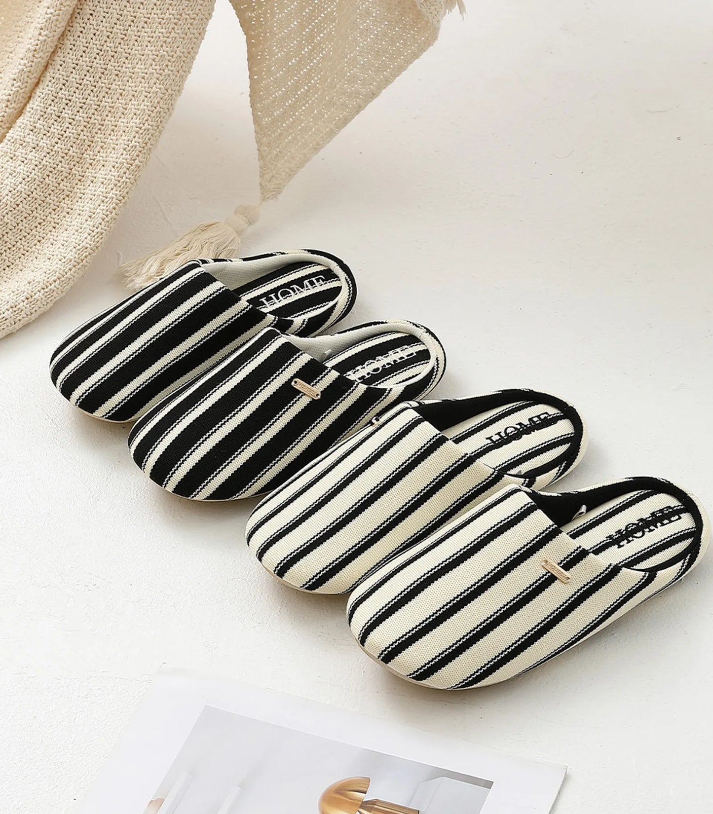 Breathable Knit Striped Cotton House Slippers