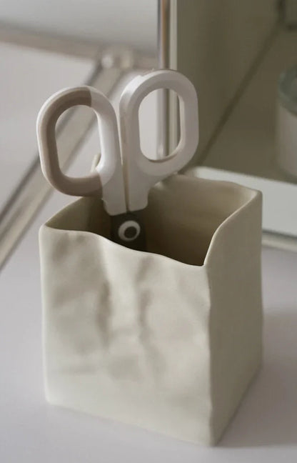 Textured Crumpled Paper Bag Ceramic Desktop Organizer