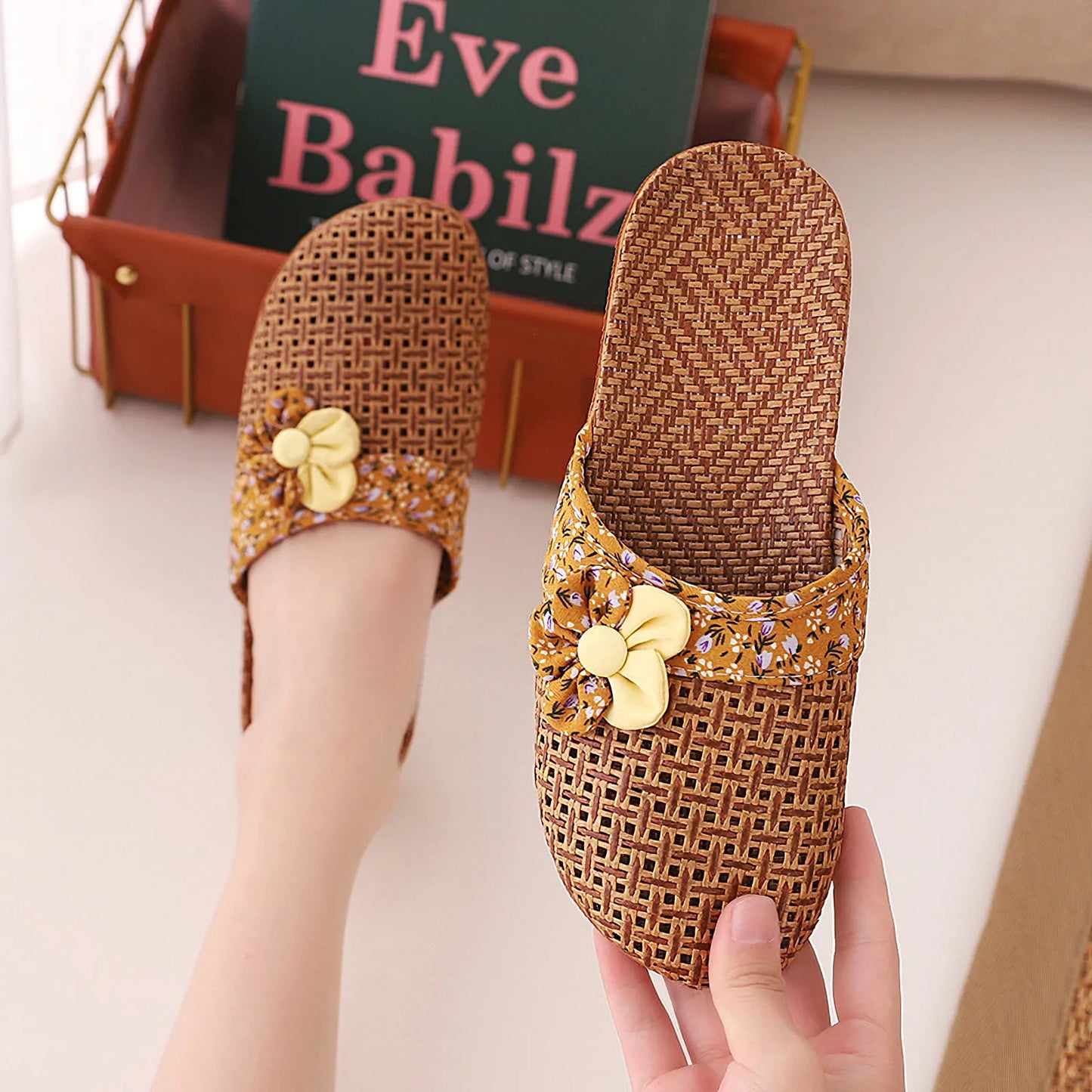 Woven Floral Natural Rattan House Slippers