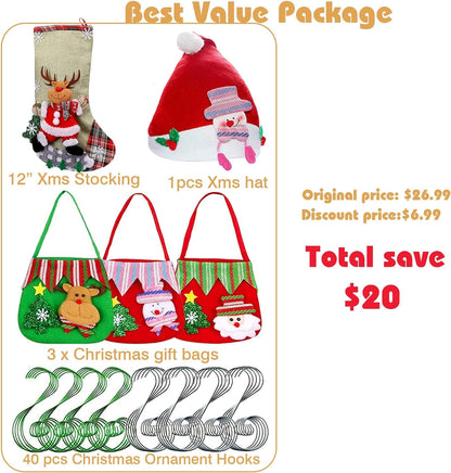 Christmas Stockings 12" Large Size, 3 Pcs Christmas Tote Gift Bags and Christmas Hat, Christmas Tree Decorations Gifts for Family Holiday Christmas Party Decoration, 40Pcs Christmas Ornament Hooks Home & Kitchen Ornament Hooks Seasonal Décor