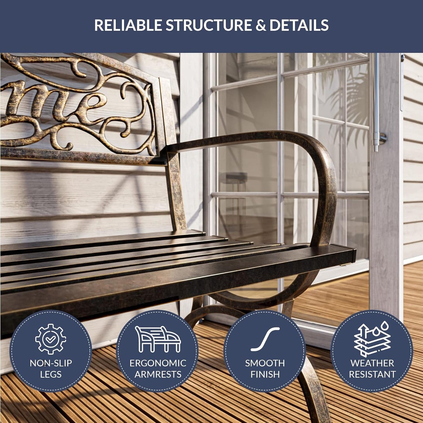 BELLEZE Outdoor Bench, 50-Inch Patio Garden Bench, Cast Iron Metal Loveseat Chairs, for Park, Porch, Lawn, Balcony, Backyard, Garden Accessories, Welcome Design, Bronze Benches Lawn & Garden Patio Patio Furniture & Accessories Patio Seating