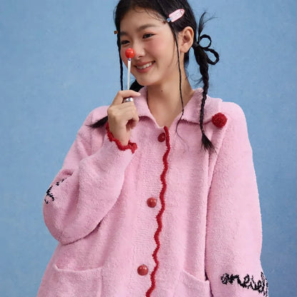 Plush Embroidered Pom-Pom Fleece Pajama Set