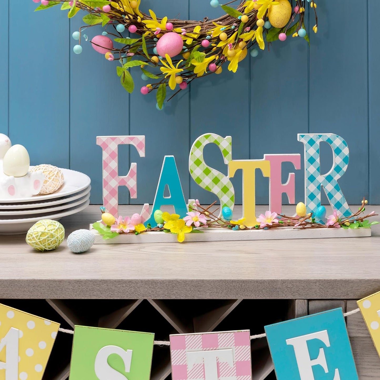 Glitzhome Wooden Block Table Sayings Happy Easter Bunny Holiday Decorations Signs, Multi-Color Decorative Accessories Decorative Signs & Plaques Home & Kitchen Home Décor Accents Home Décor Products