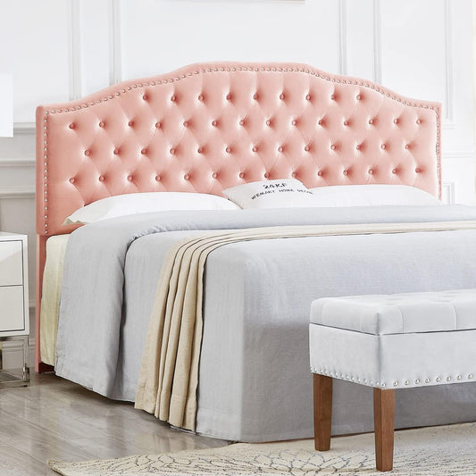 24KF Upholstered Button Tufted King Size Headboard with Nailhead Trim, Soft Velvet Fabric Headboard King/Cal King Size Headboard-Blush Pink Bedroom Furniture Beds Frames & Bases Furniture Headboards Headboards & Footboards Home & Kitchen