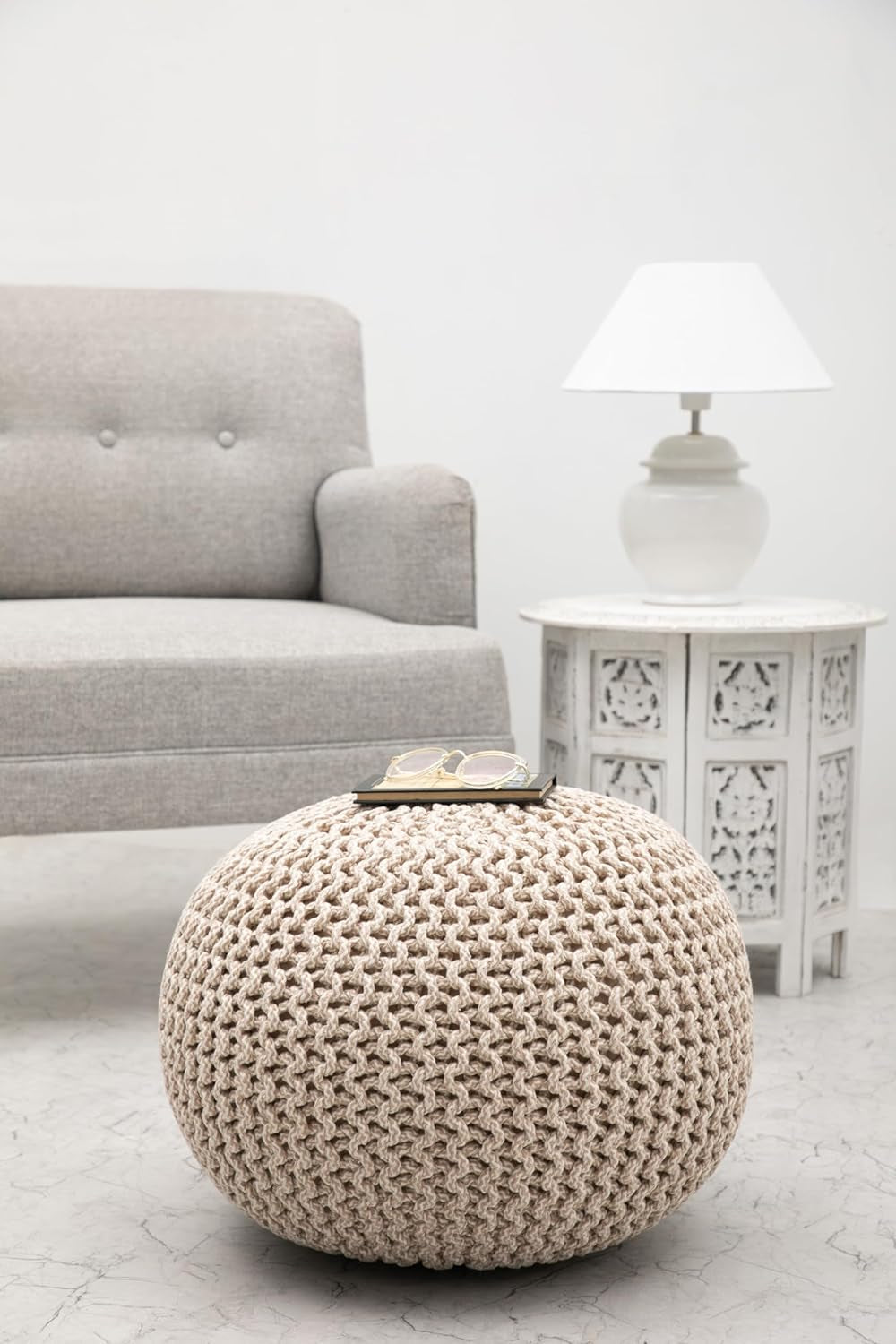 COTTON CRAFT round Pouf - Hand Knitted Tweed Cable Dori Pouf Ottoman - Cotton Braid Cord Foot Stool Floor Pouf Footrest Accent Seat Furniture Bean Bag - Family Room Kids Nursery Dorm - 20X14 - Natural Furniture Home & Kitchen Living Room Furniture Ottomans